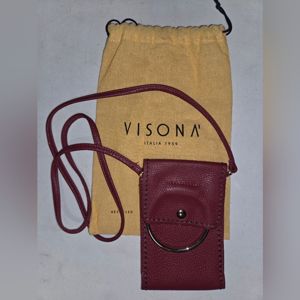 Plinio Visona Crossbody Phone Pouch Bag Red Leather Italy Made New Purse - Picture 2 of 9